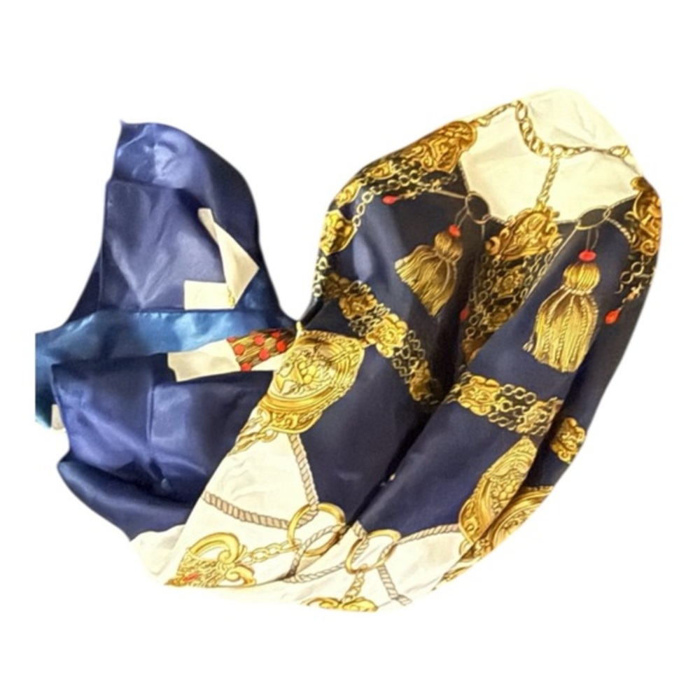 Berkshire Scarf RN 14750 Baroque Chains Tassels Navy Blue Scarf 34” Classic